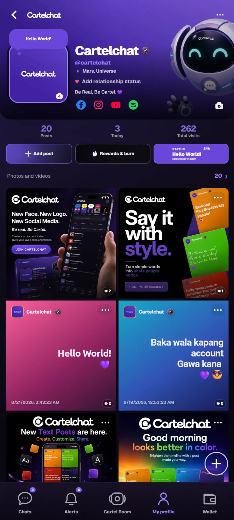 Official Cartelchat account profile showing its cover, profile details, statistics, status, and posts