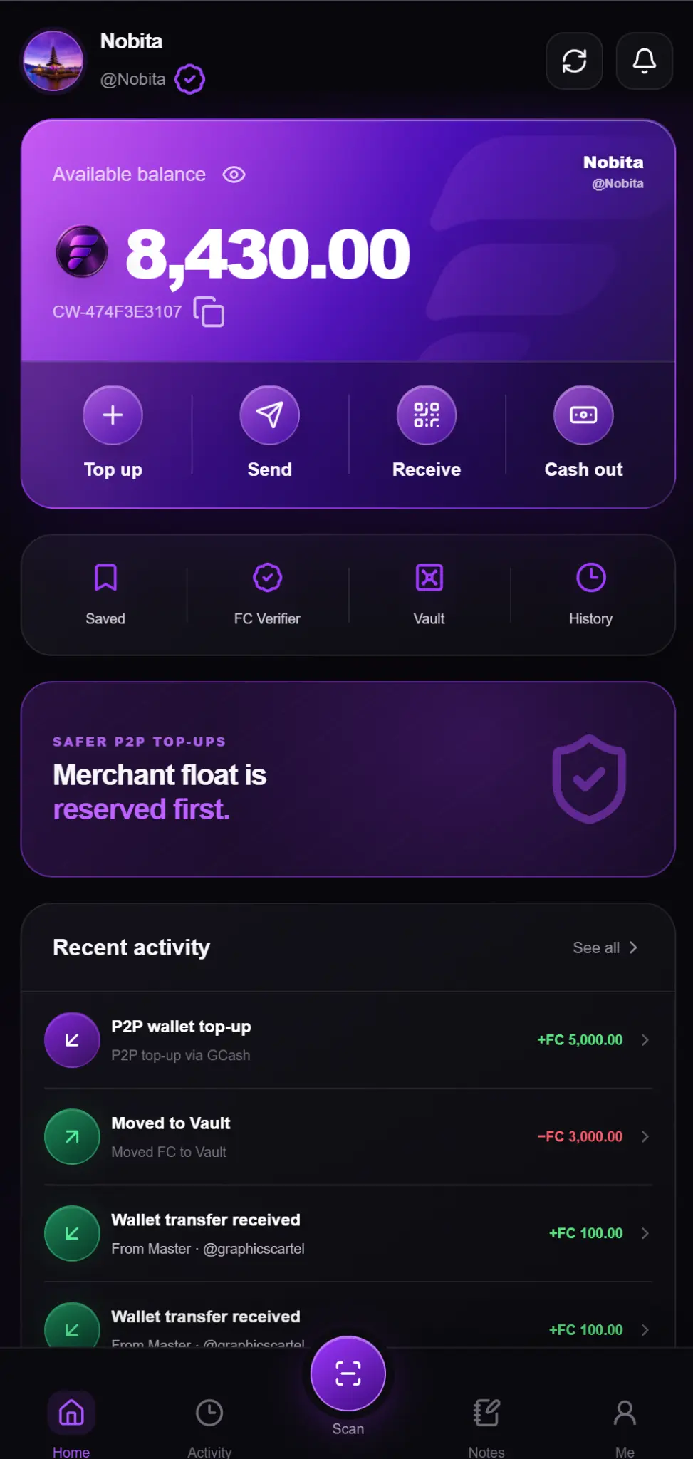 Float Wallet account screen showing FC balance, Top up, Send, Receive, Cash out, Vault, and recent activity